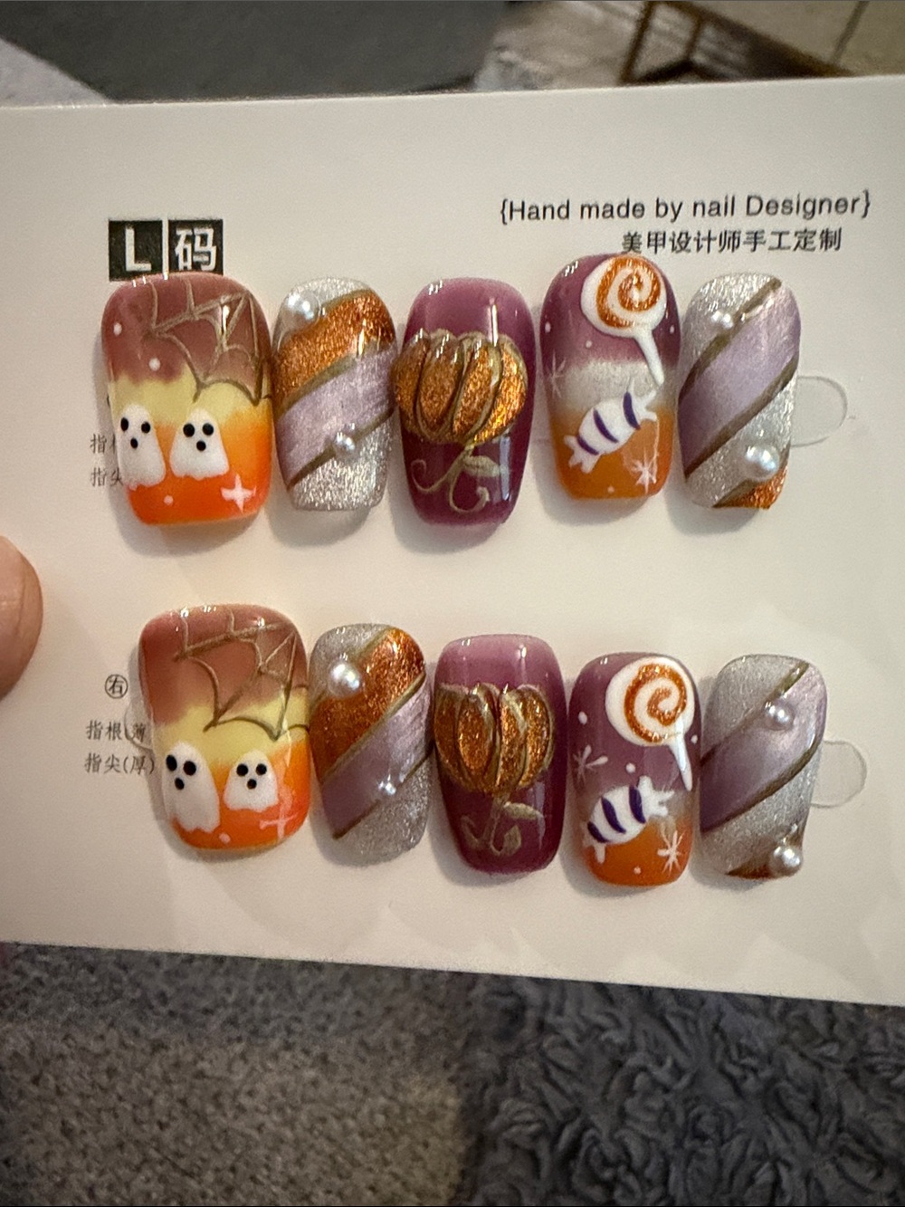 Handmade Halloween Press-On Nails - Purple, Orange & Silver